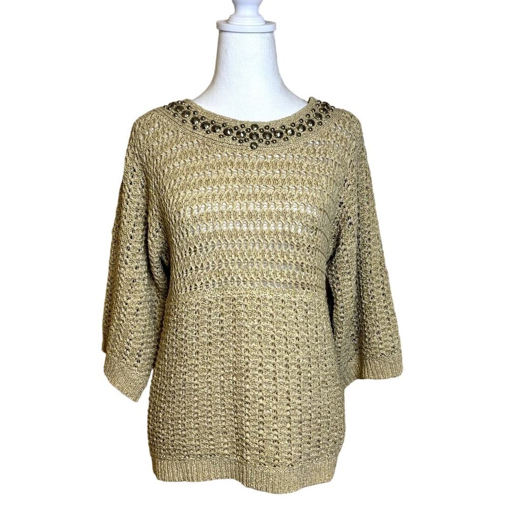 Lark Lane Tan Crochet Women's Long Sleeve Tunic Chic Classic Sweater Small